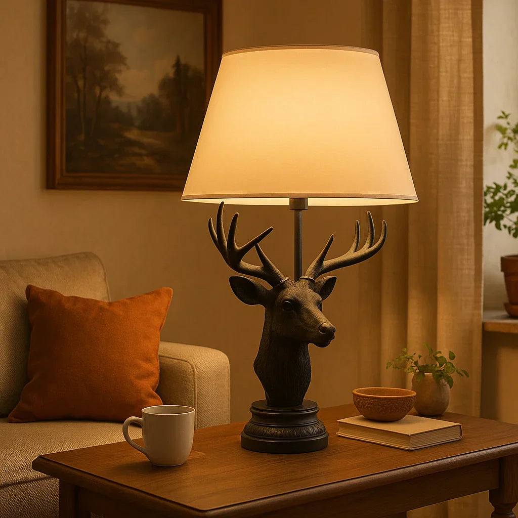 Decorative table lamp with deer head design on a beige background Black