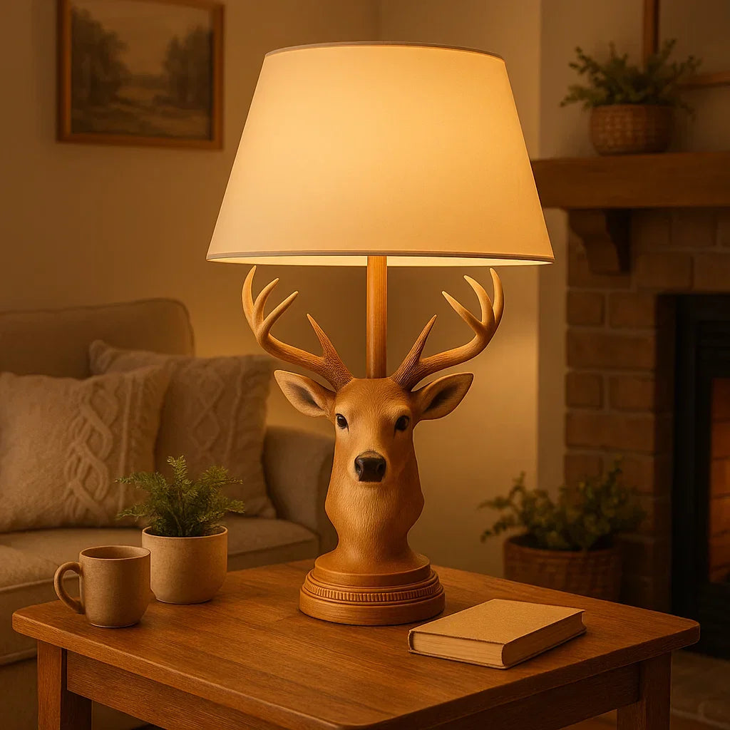 Deer head lamp on a wooden table in a cozy living room setting beige