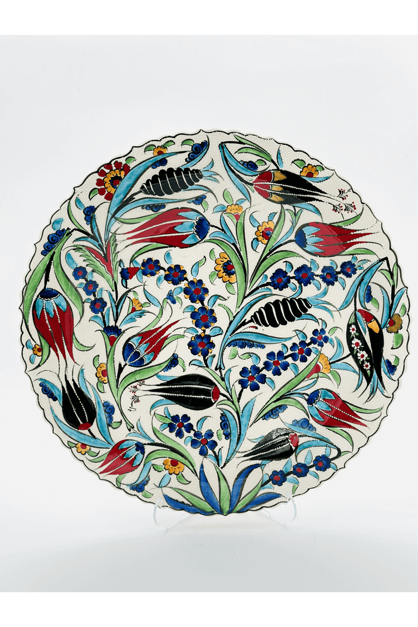 Decorative ceramic plate with colorful floral and bird design on a white background