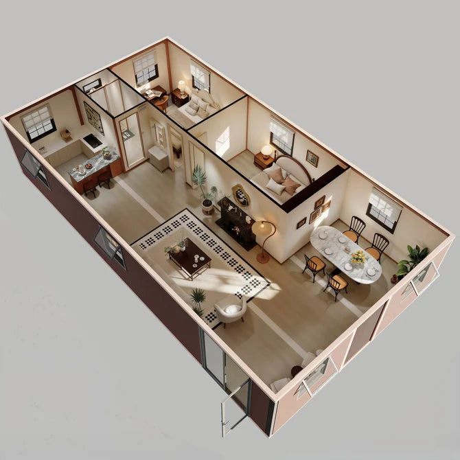 A 3D architectural rendering of a small modular home shown from an elevated perspective, with a fully furnished interior including a kitchen, living room, bedroom, dining area, and bathroom on a plain light gray background.