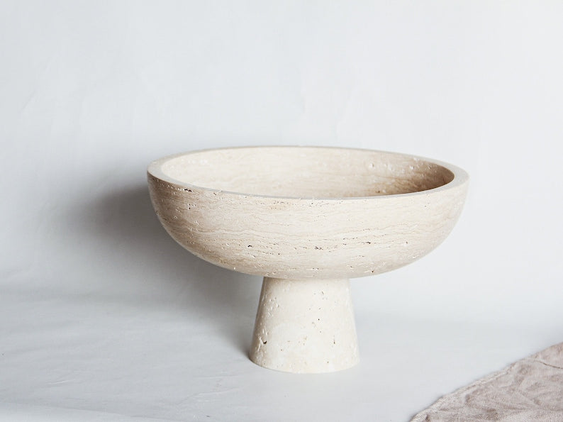 Large Hand-made Natural Travertine Pedestal I Centerpiece Pot I Bohemian Bowl