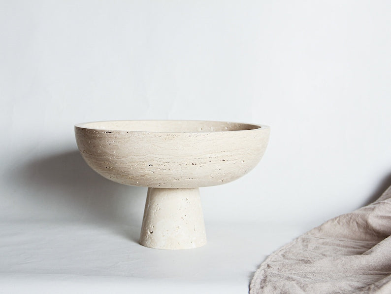 Large Hand-made Natural Travertine Pedestal I Centerpiece Pot I Bohemian Bowl