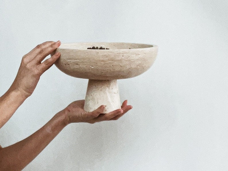 Large Hand-made Natural Travertine Pedestal I Centerpiece Pot I Bohemian Bowl