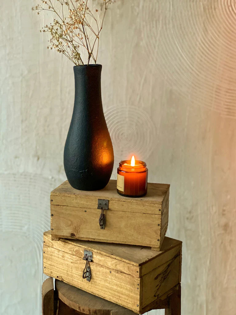 Nureyaa Textured Neck Black Ceramic Vase, 10" tall, 4" wide, handmade dramatic decor