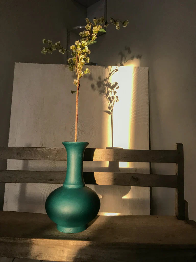 Nureyaa Grene Midnight Green Ceramic Vase, 13" tall, 8" wide, handmade bold decor