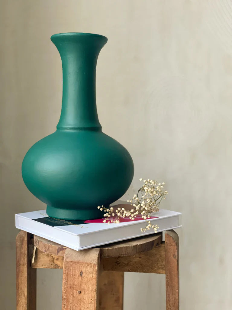 Nureyaa Grene Midnight Green Ceramic Vase, 13" tall, 8" wide, handmade bold decor