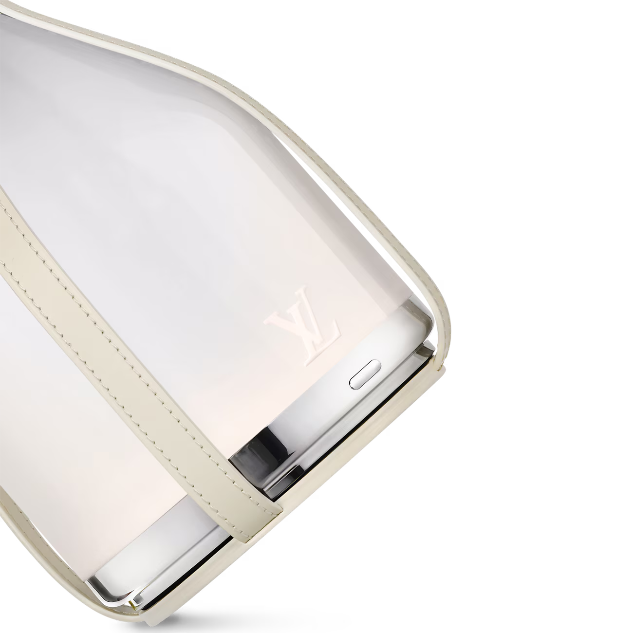 Close-up of a beige phone case with a clear back on a white background White