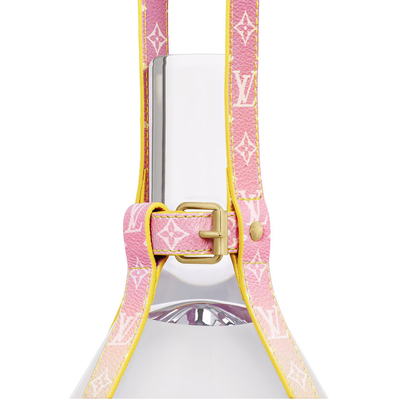 White bottle with pink and yellow strap on a white background Degrade Sunrise
