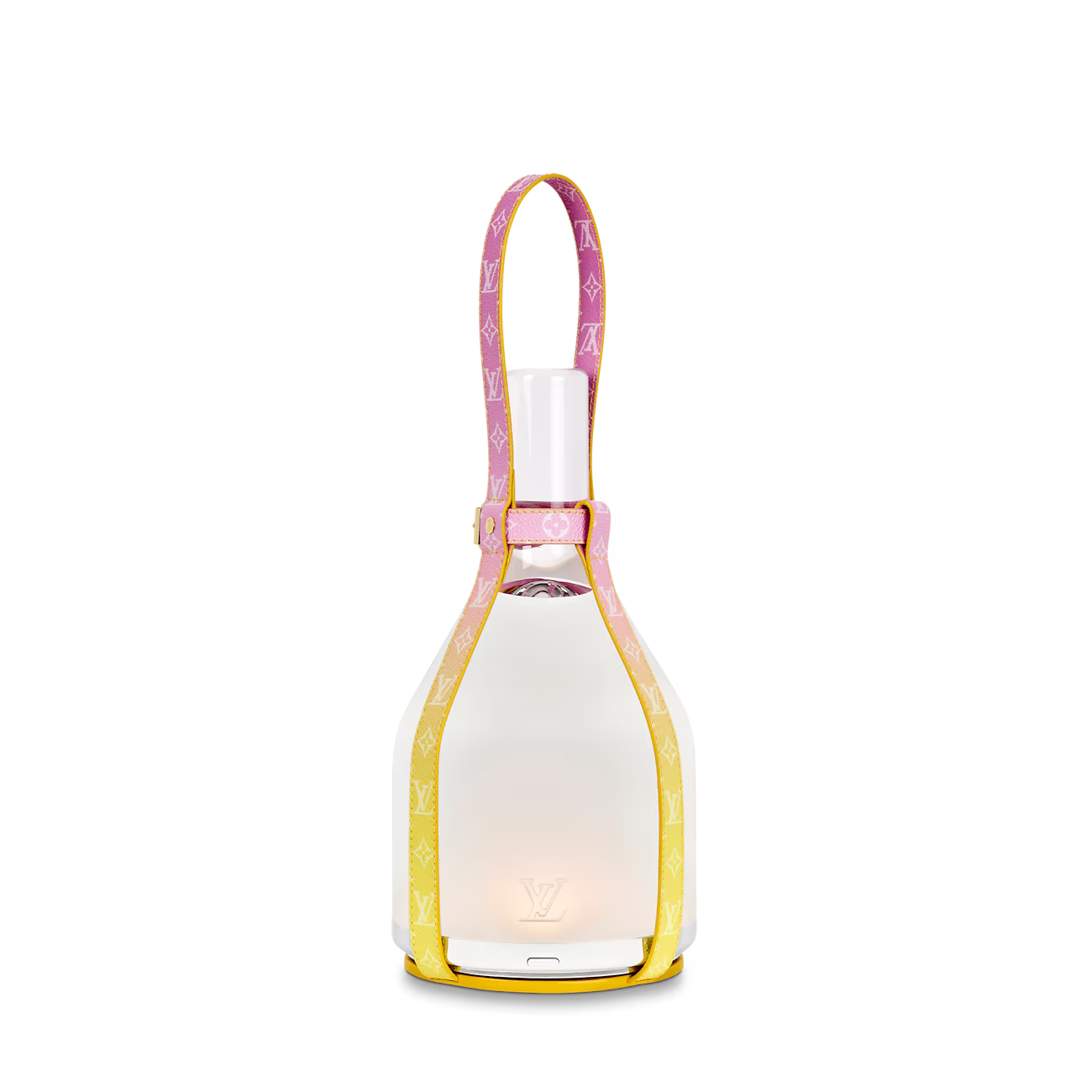 White bottle with pink and yellow strap on a white background Degrade Sunrise