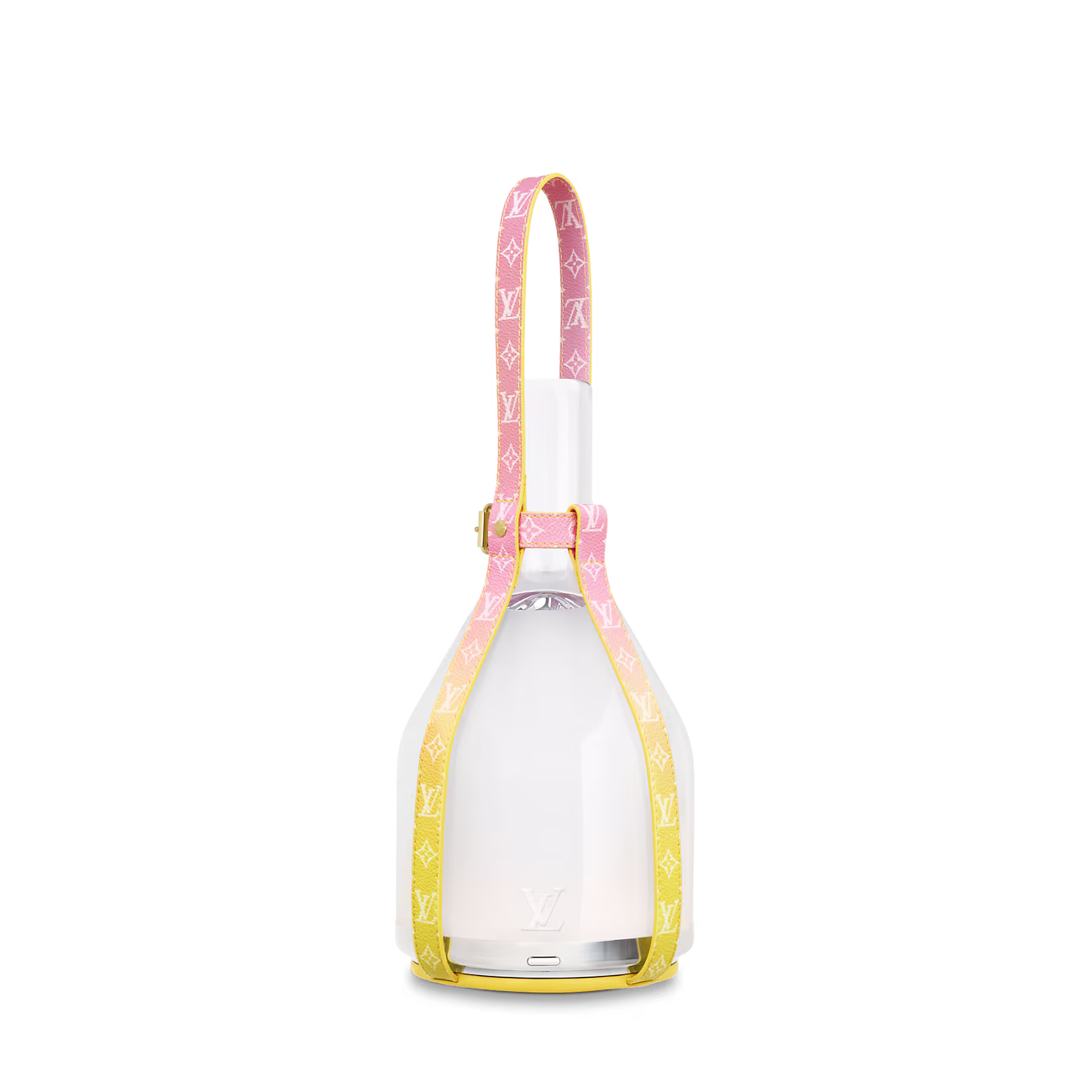 White bottle with pink and yellow strap on a white background Degrade Sunrise