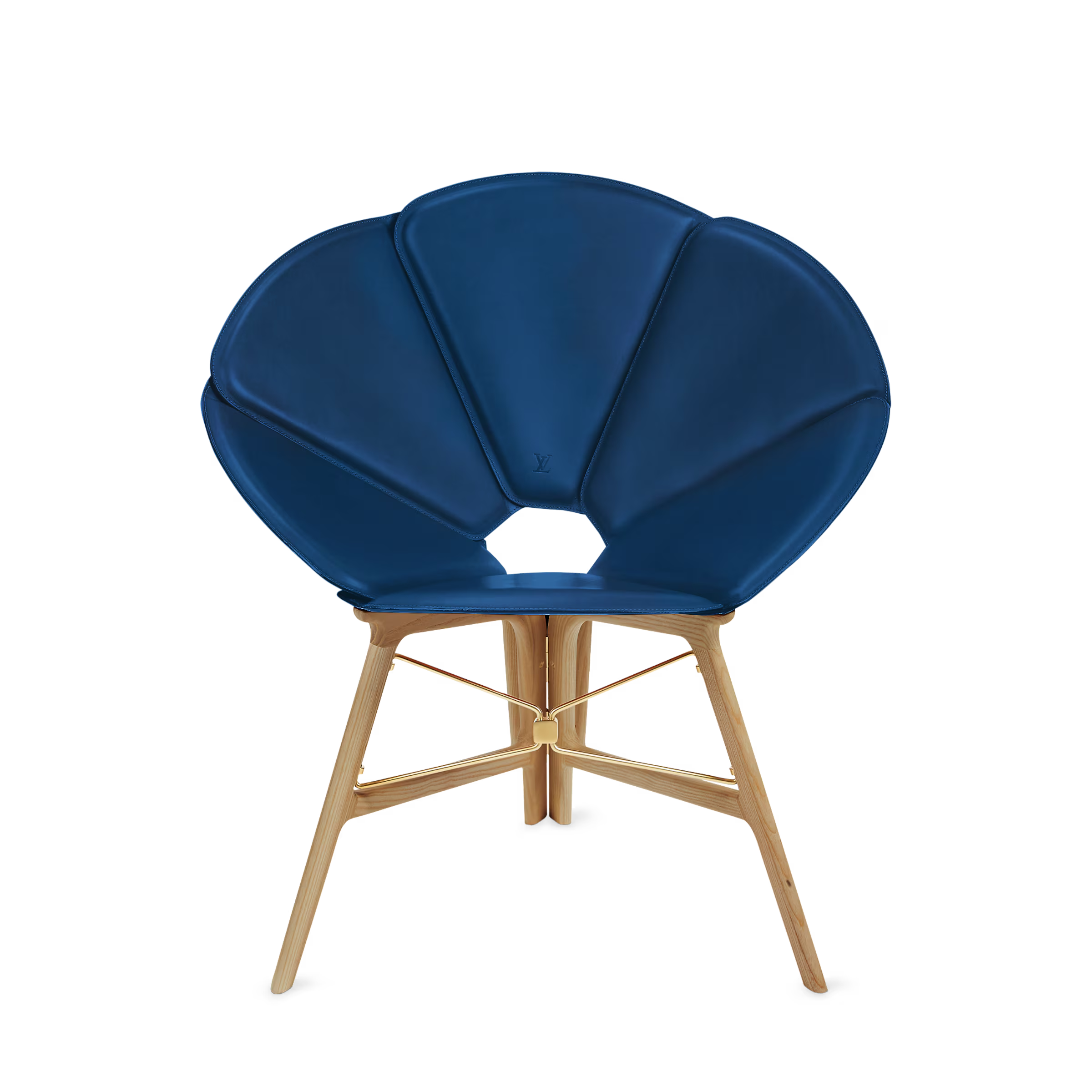 Blue round ottoman with a decorative center piece on a white background