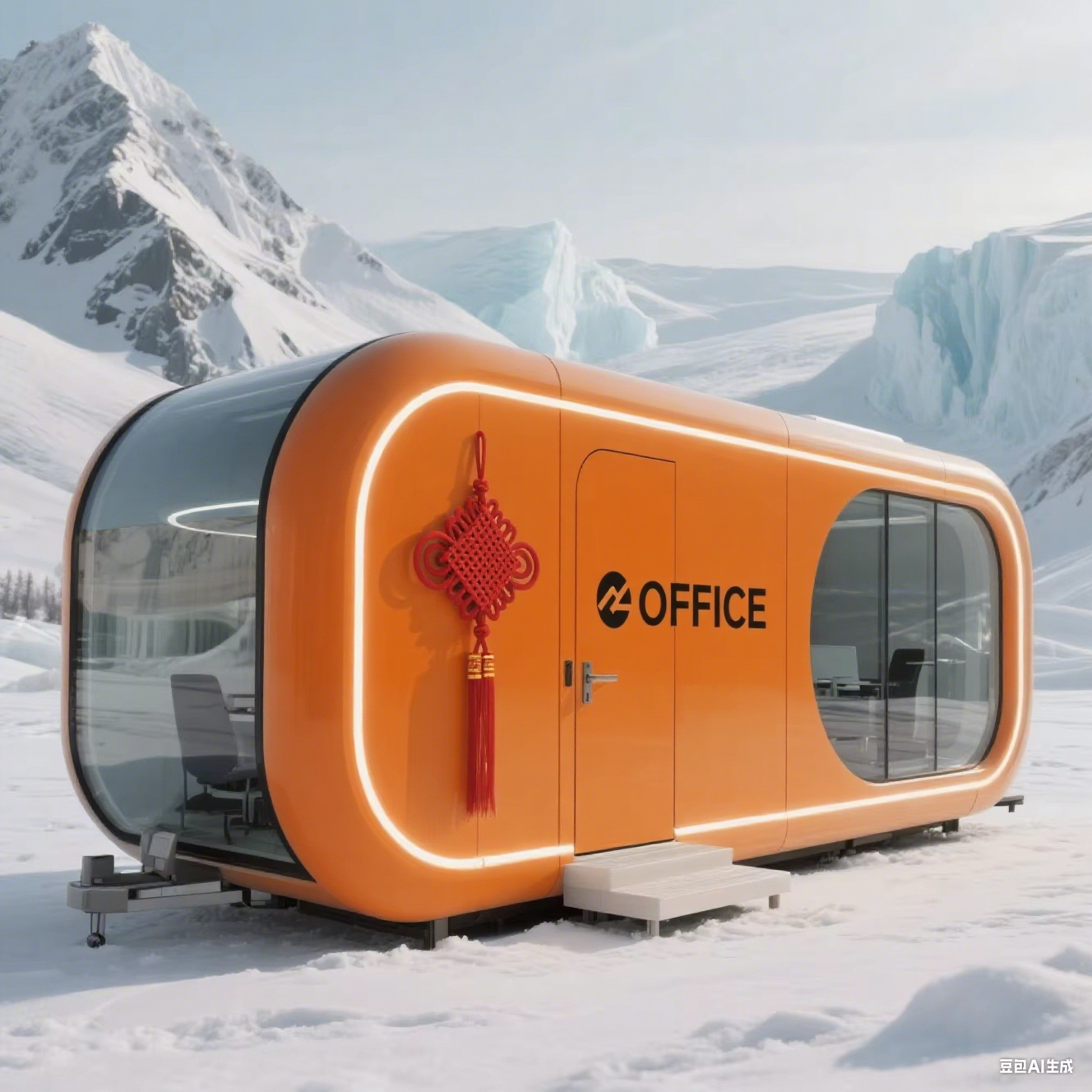 A futuristic orange mobile office pod with large glass windows, set in a snowy mountain landscape. The pod features a red Chinese knot decoration on the side and 'Z2 OFFICE' printed on the door.