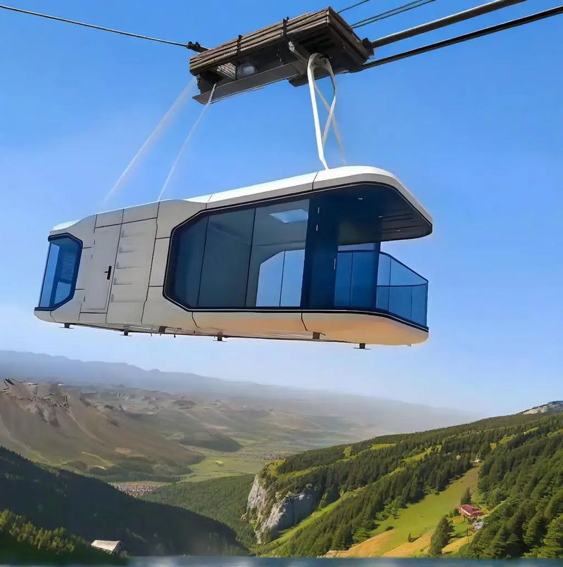 A futuristic cable car cabin with curved white and dark blue glass panels suspended by cables over a scenic mountain valley under a clear blue sky.