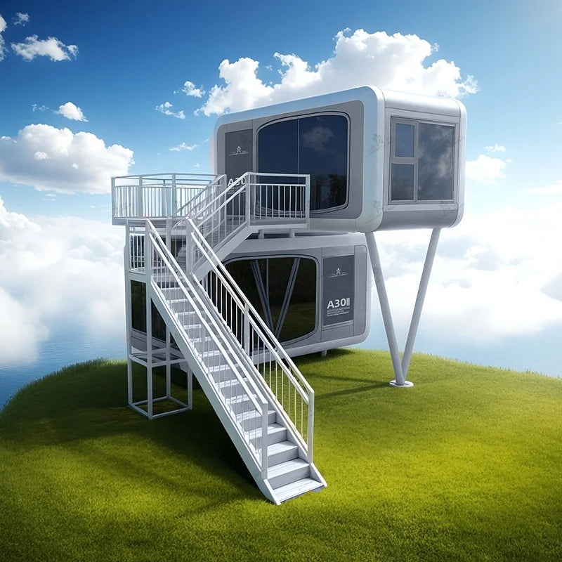 Double-Decker Space-Capsule Cabin — Two-Level Steel Prefab for B&B & Resort