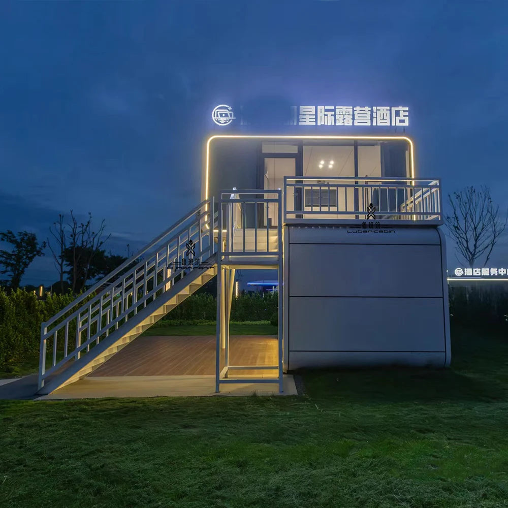 Double-Decker Space-Capsule Cabin — Two-Level Steel Prefab for B&B & Resort