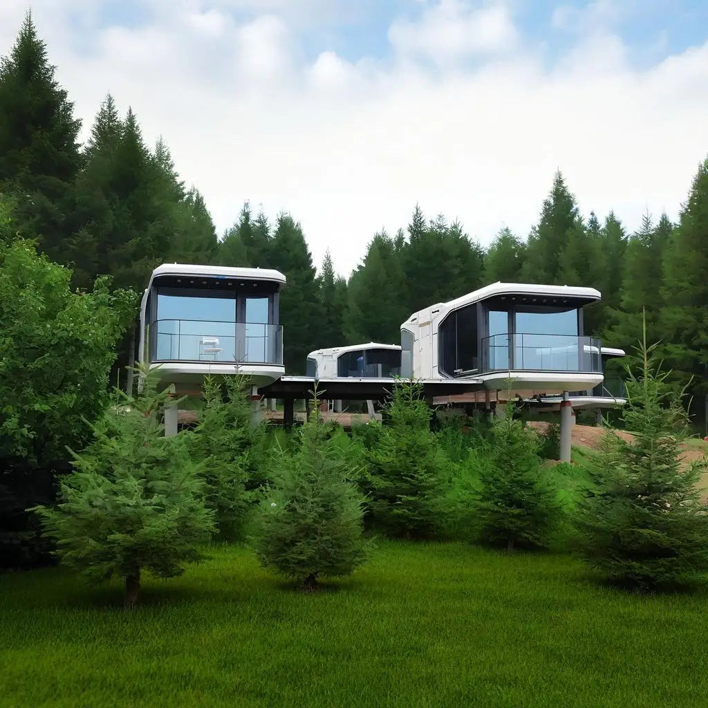 Modern floating treehouse cabins with large glass walls and outdoor decks, situated on stilts in a grassy clearing surrounded by a dense evergreen forest under a cloudy sky.