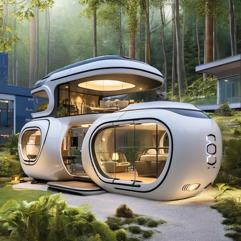 A futuristic white pod-shaped modular home with large glass windows, set in a lush green forest environment.