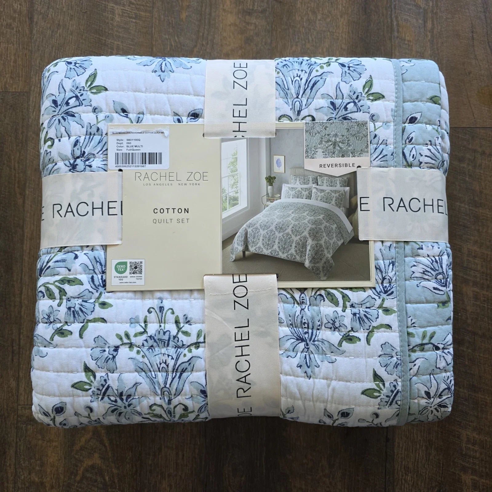 "Rachel Zoe Full Queen Cotton Medallion Quilt Reversible Blue NEW - Picture 6 of 10"