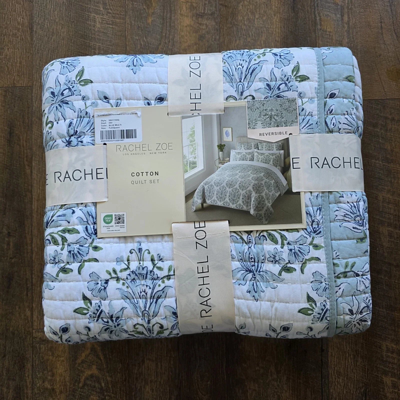 "Rachel Zoe Full Queen Cotton Medallion Quilt Reversible Blue NEW - Picture 6 of 10"