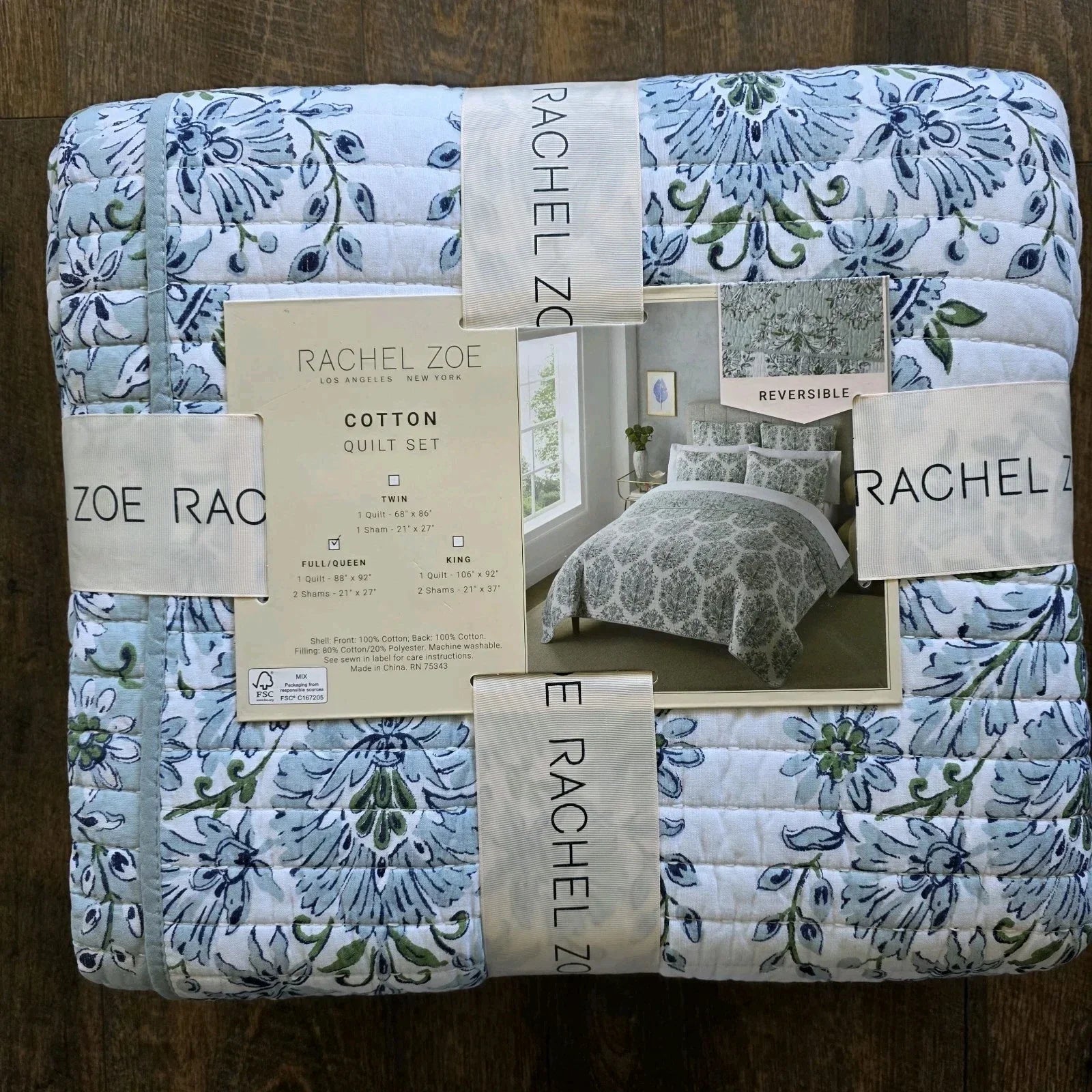 "Rachel Zoe Full Queen Cotton Medallion Quilt Reversible Blue NEW - Picture 6 of 10"