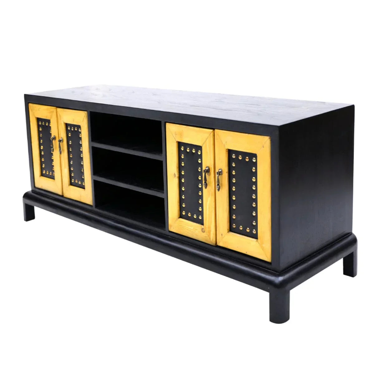 Handcrafted wooden TV unit with leather upholstered shutter doors