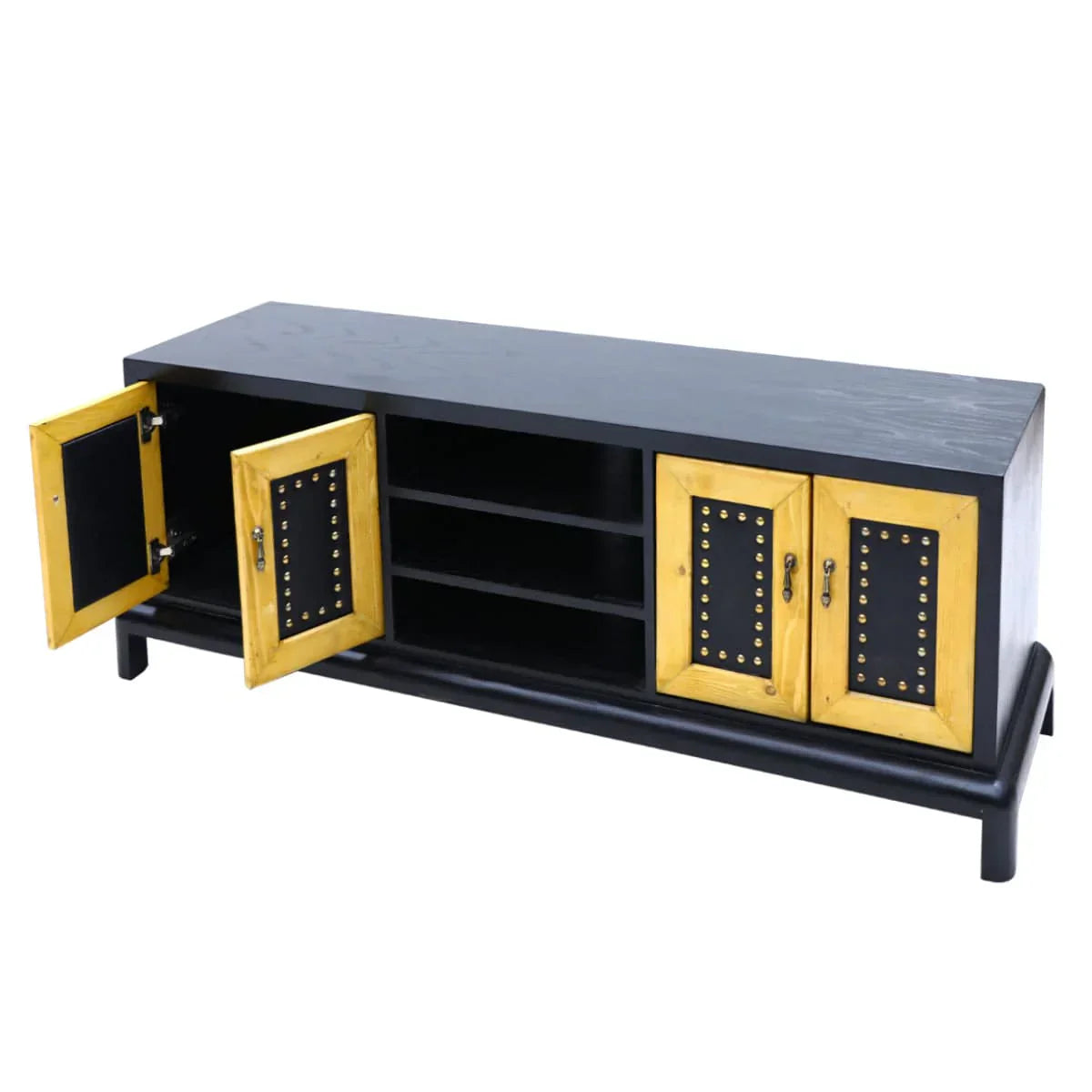 Low height wooden TV unit in natural brown and black polish – 62 inch