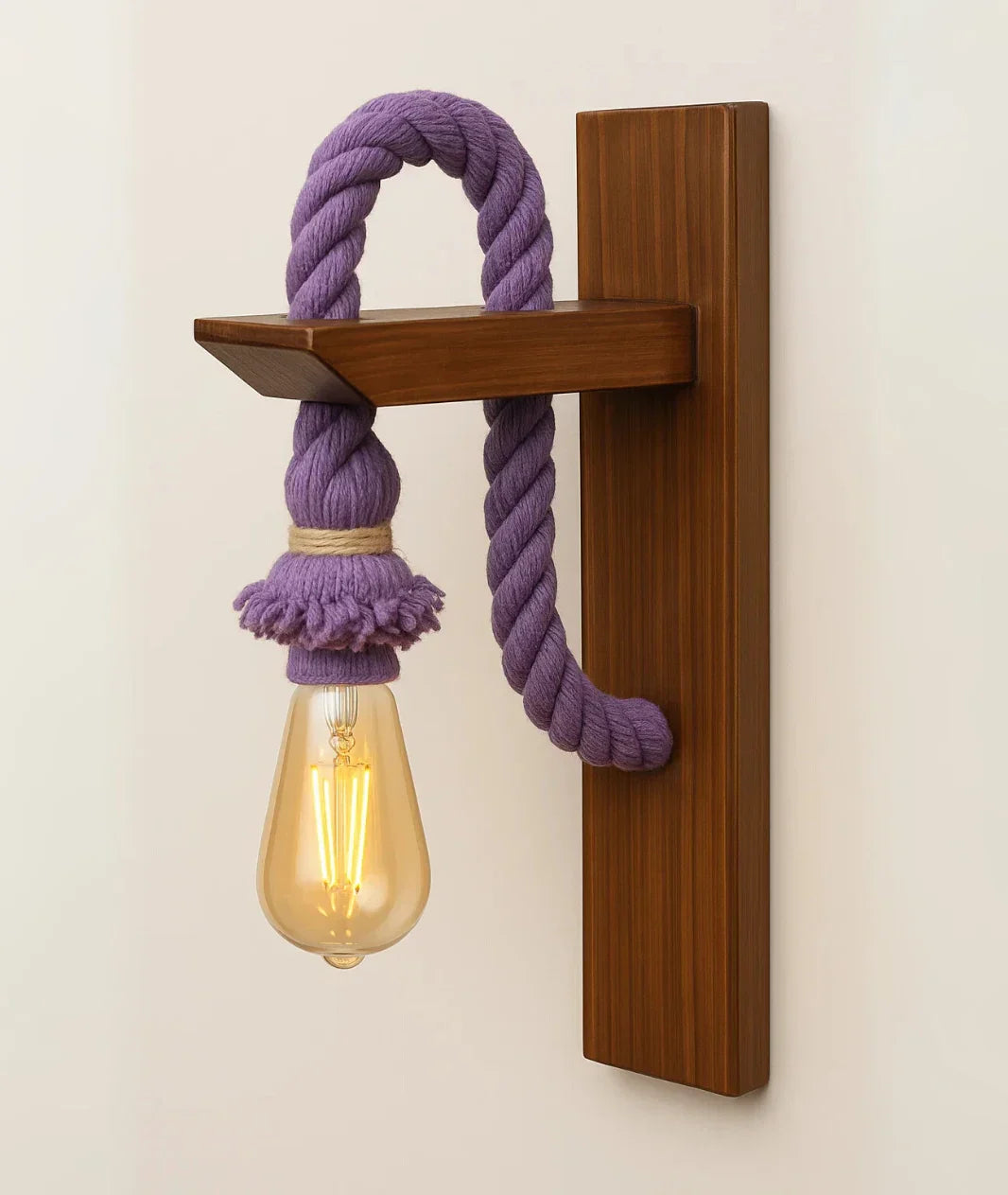 Nureyaa Rope Wall Hanging Sconce, high-quality wood, E27 filament bulb, handmade retro decor Purple